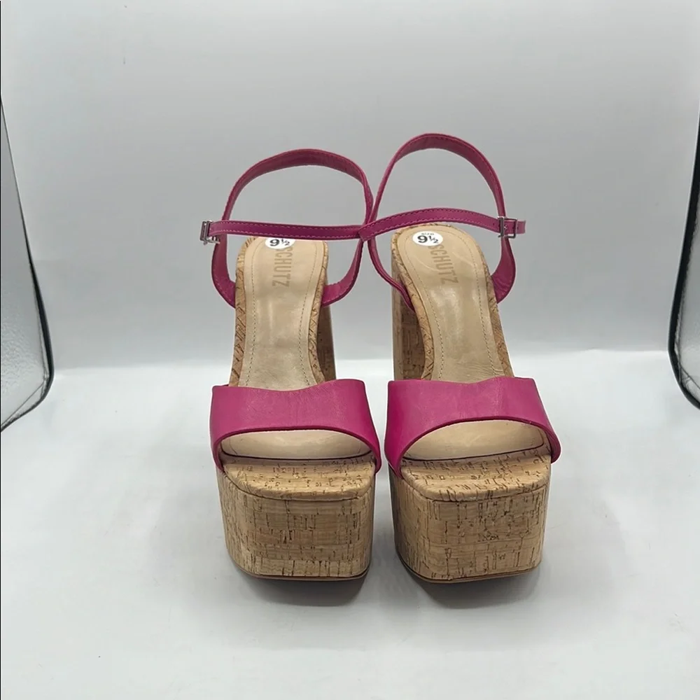 SCHUTZ Sz 9 1/2 GLAYCE NAPPA LEATHER‎ SANDAL Pink Tan Platform Chunky Heel NEW